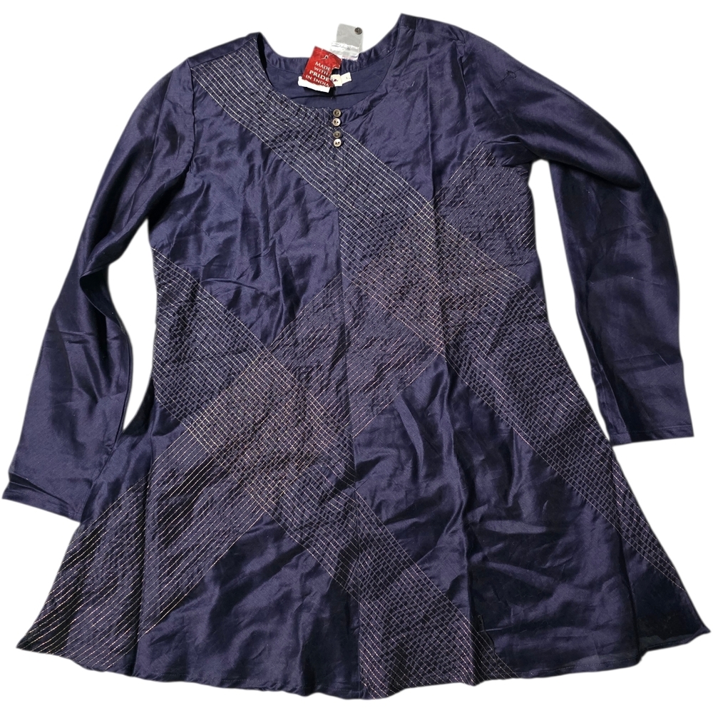 NWT Fabindia Navy Cotton Silk Tunic Gani Stitch L‎